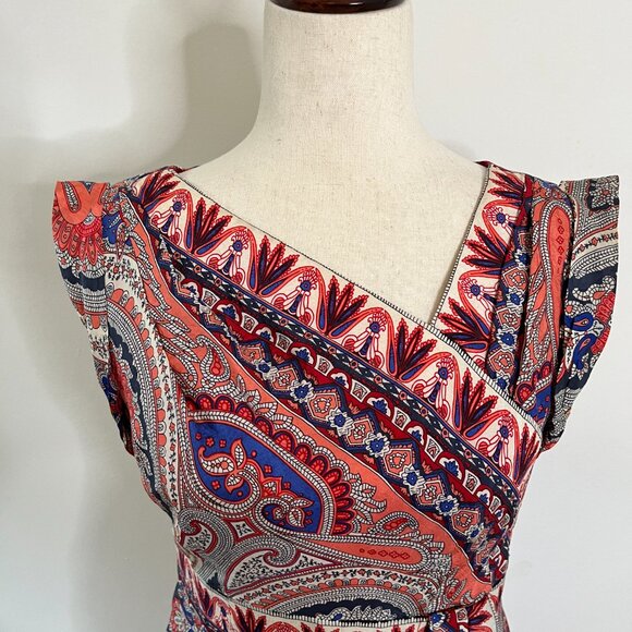 Nanette Lepore Silk Dress Blue Peach Red Sleeveless Asymmetrical V-Neck Sz 4 - Picture 4 of 11